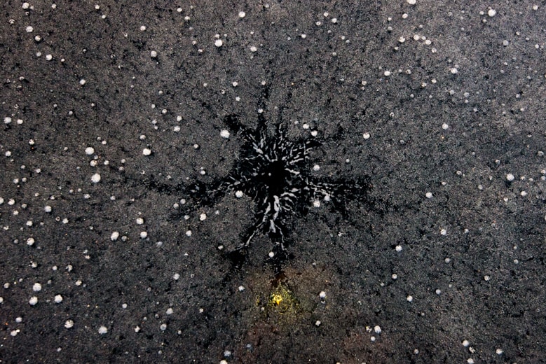 Rosaces de glace An alien-like black ice rosette stretches out through the ice. The ice is so dark and textured that it appears like volcanic rock.