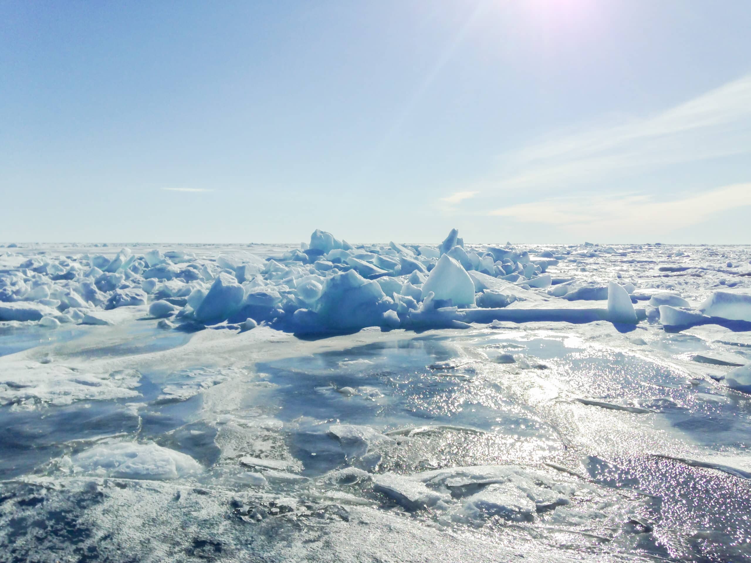 Shards of ice jut out of the bay. In the foreground, the ice is beginning to melt.